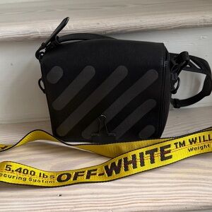 Off-White Black Crossbody Camera Bag with Yellow Industrial Strap